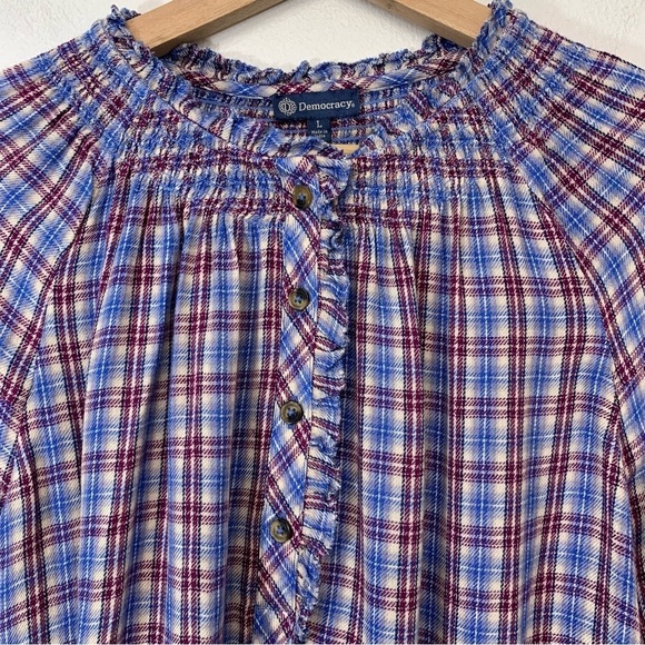 Democracy  Plaid Pop Over  Blouse Top Woman Large  Ruffle  Long Sleeve Western - Picture 2 of 12